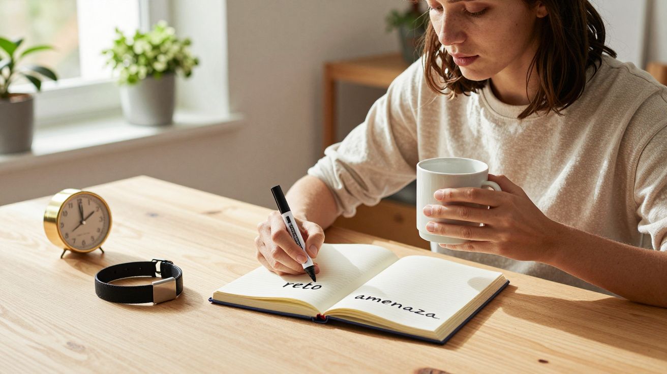 Persona escribiendo "reto" y "amenaza" en un cuaderno, con una taza y un reloj en la mesa.