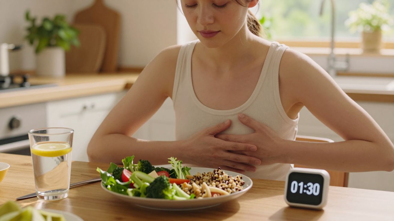 Mujer medita antes de comer ensalada con reloj digital mostrando 01:30 en la mesa de cocina.
