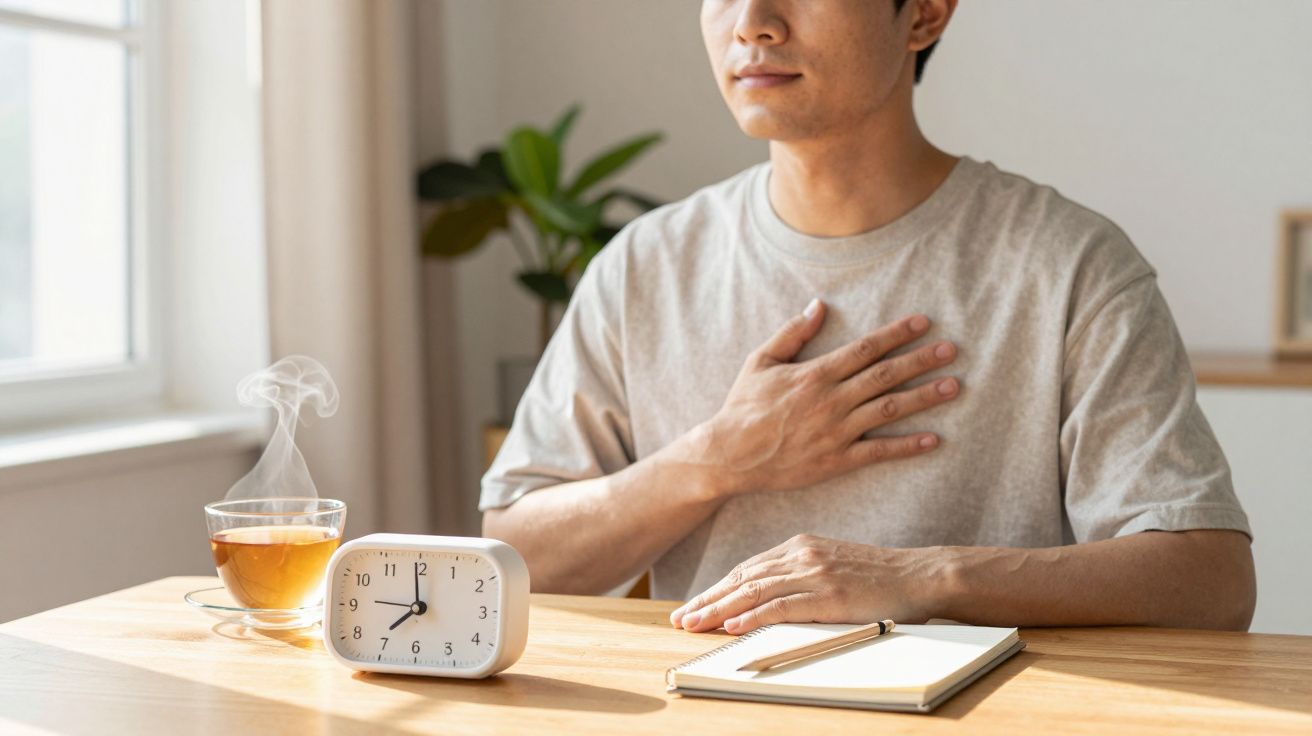Persona meditando junto a una taza de té, un reloj y un cuaderno sobre la mesa en una habitación iluminada.
