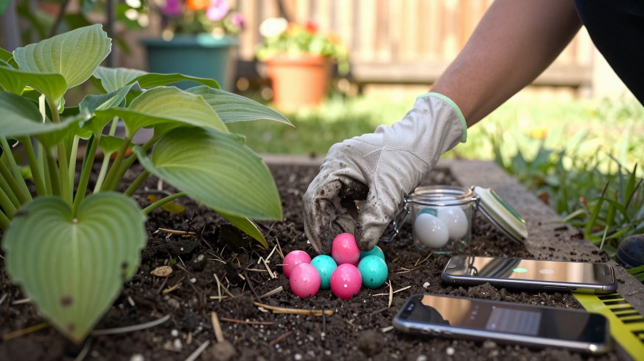 Mano con guante plantando huevos de colores en el jardín junto a un smartphone.