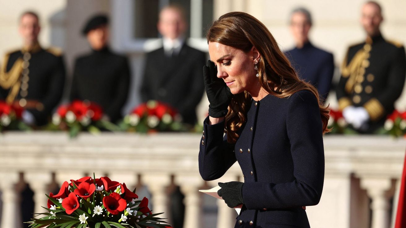 Mujer con guantes negros y abrigo oscuro, de pie frente a un monumento con flores, rodeada de personas uniformadas.