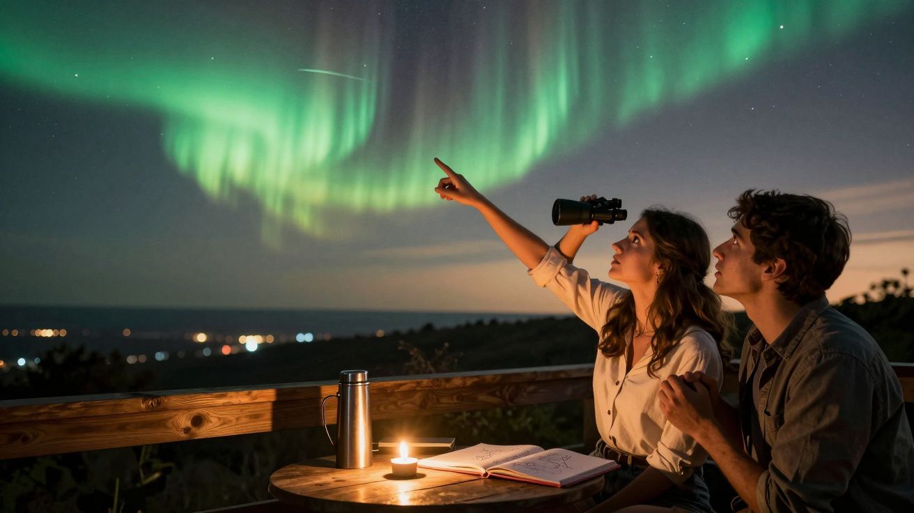 Pareja observando auroras boreales desde un porche, ella apunta al cielo con prismáticos y una vela ilumina la mesa.