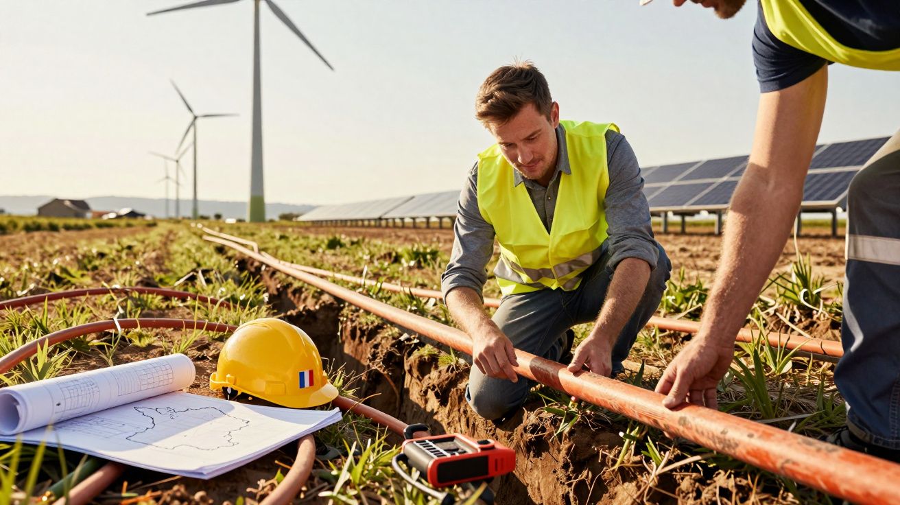 Ingenieros trabajando en cableado en campo con paneles solares y aerogeneradores al fondo.