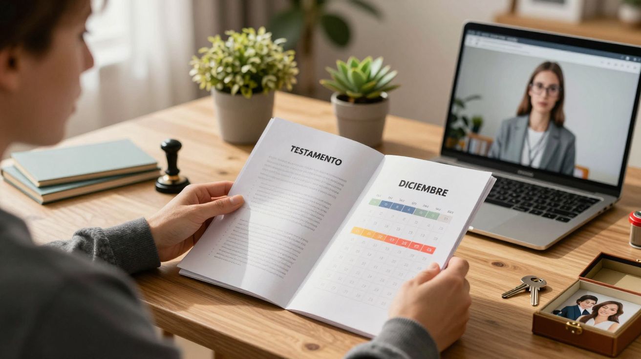 Persona leyendo un documento de testamento junto a un calendario, con una videollamada en un portátil de fondo.