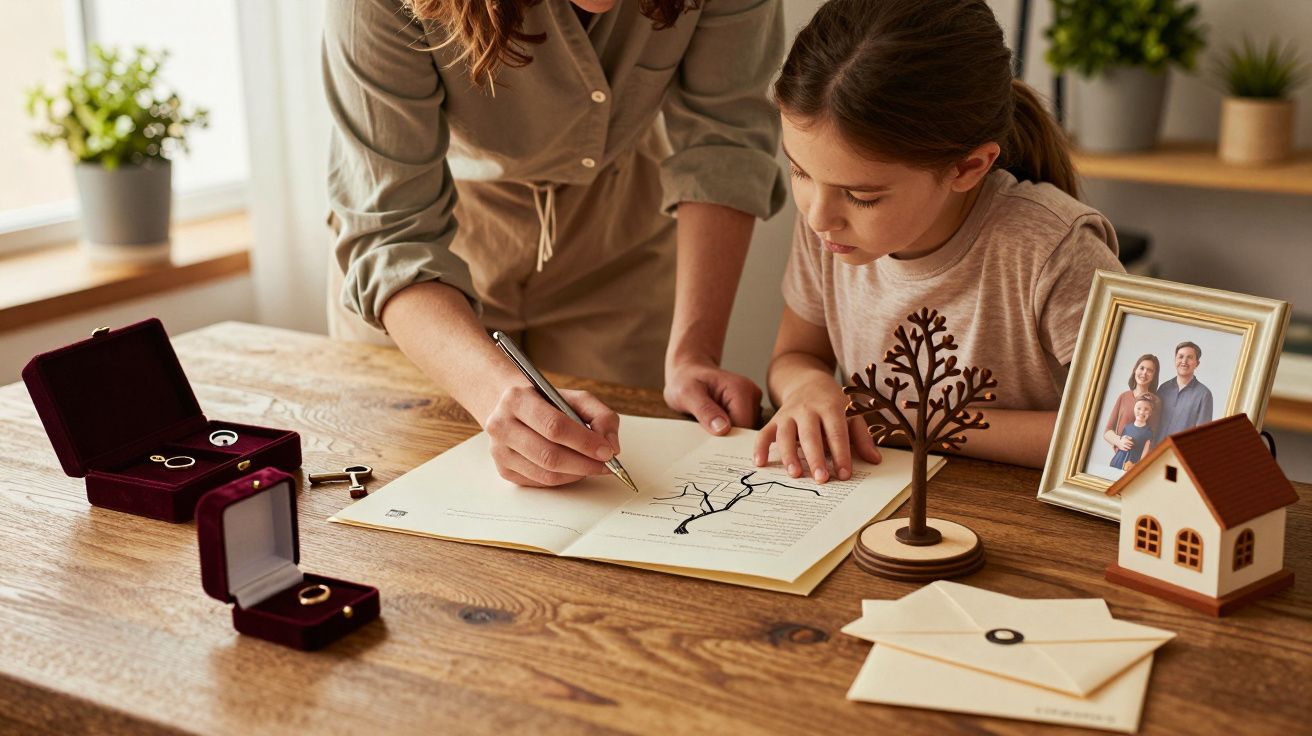 Mujer y niña completando un árbol genealógico en una mesa con anillos, foto familiar y adornos.