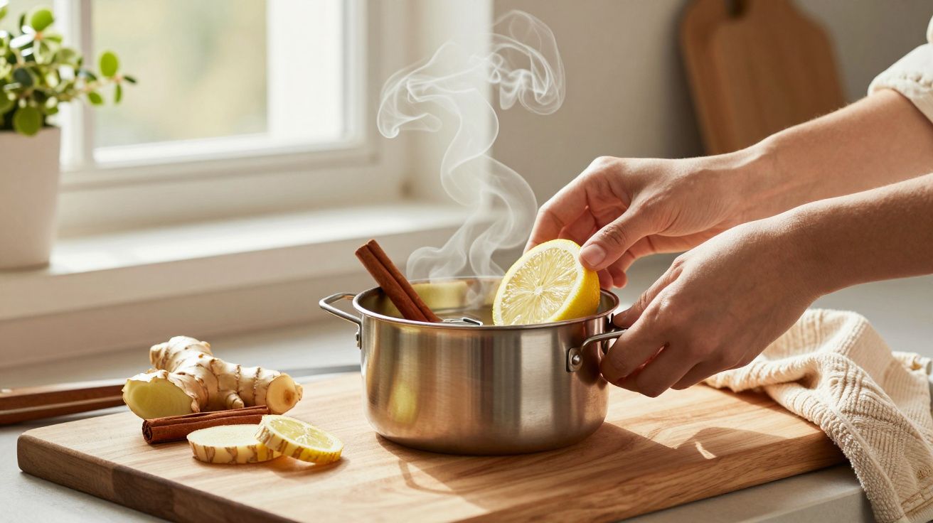 Manos colocando rodaja de limón en olla humeante con canela, sobre tabla de madera junto a jengibre y limón.