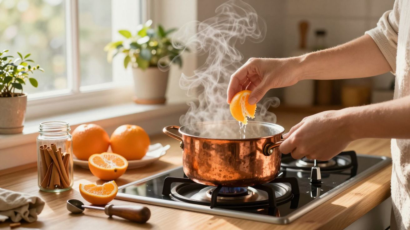 Manos exprimiendo naranja en una olla de cobre sobre fuego, rodeada de naranjas y ramas de canela en una cocina.