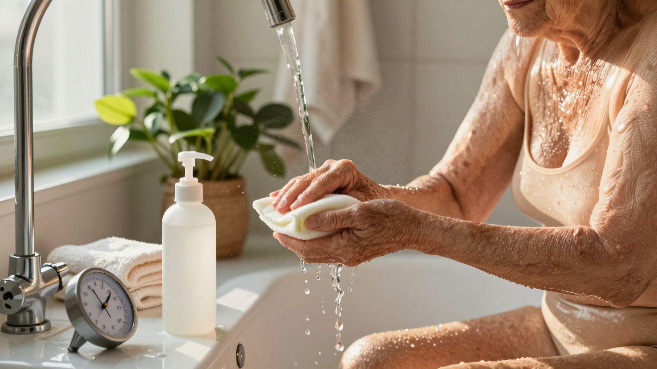 Persona mayor lavándose las manos en el baño con agua corriente, junto a una planta y productos de higiene.