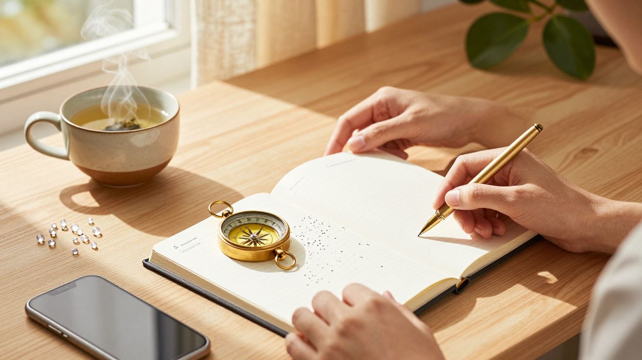 Manos escribiendo en un cuaderno junto a una brújula, un móvil y una taza de té en una mesa de madera iluminada.