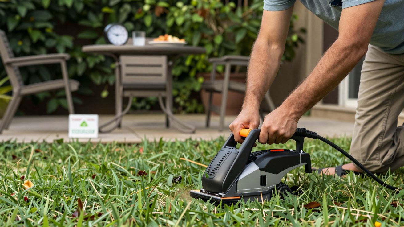 Persona usando un cortacésped pequeño en el jardín, con muebles de exterior al fondo.