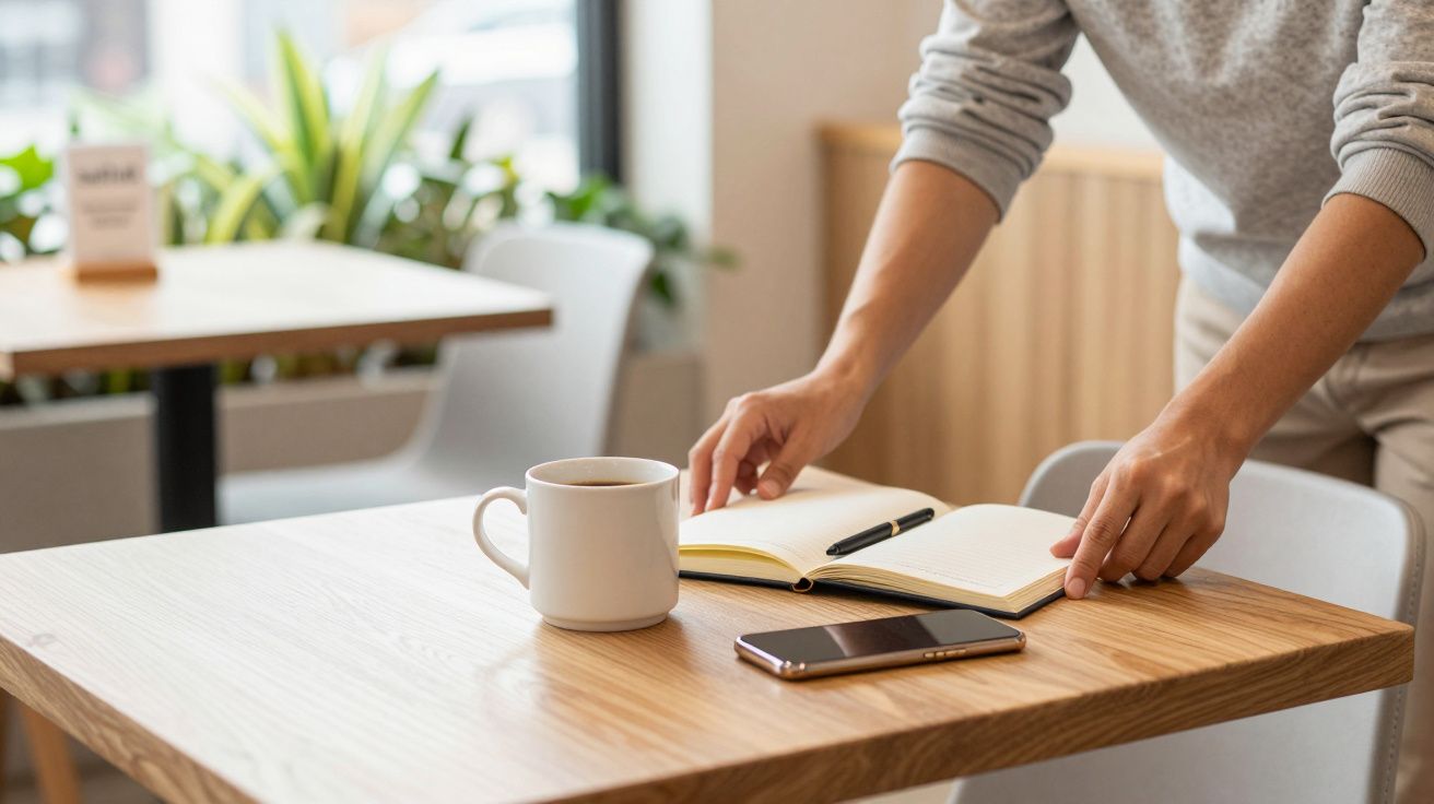 Persona abriendo cuaderno en mesa de cafetería con taza de café y móvil cerca.