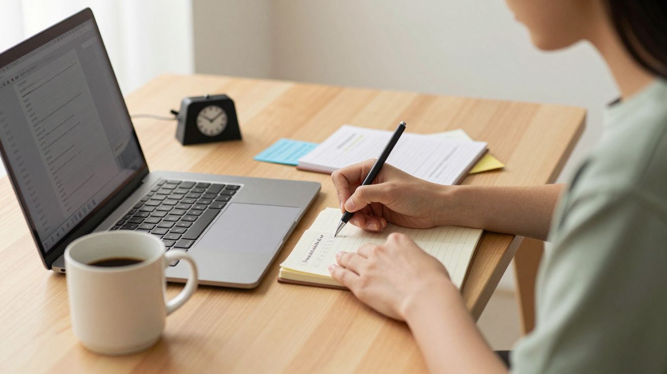 Mujer escribiendo en una libreta frente a un portátil en una mesa de madera, con una taza de café y un reloj despertador.