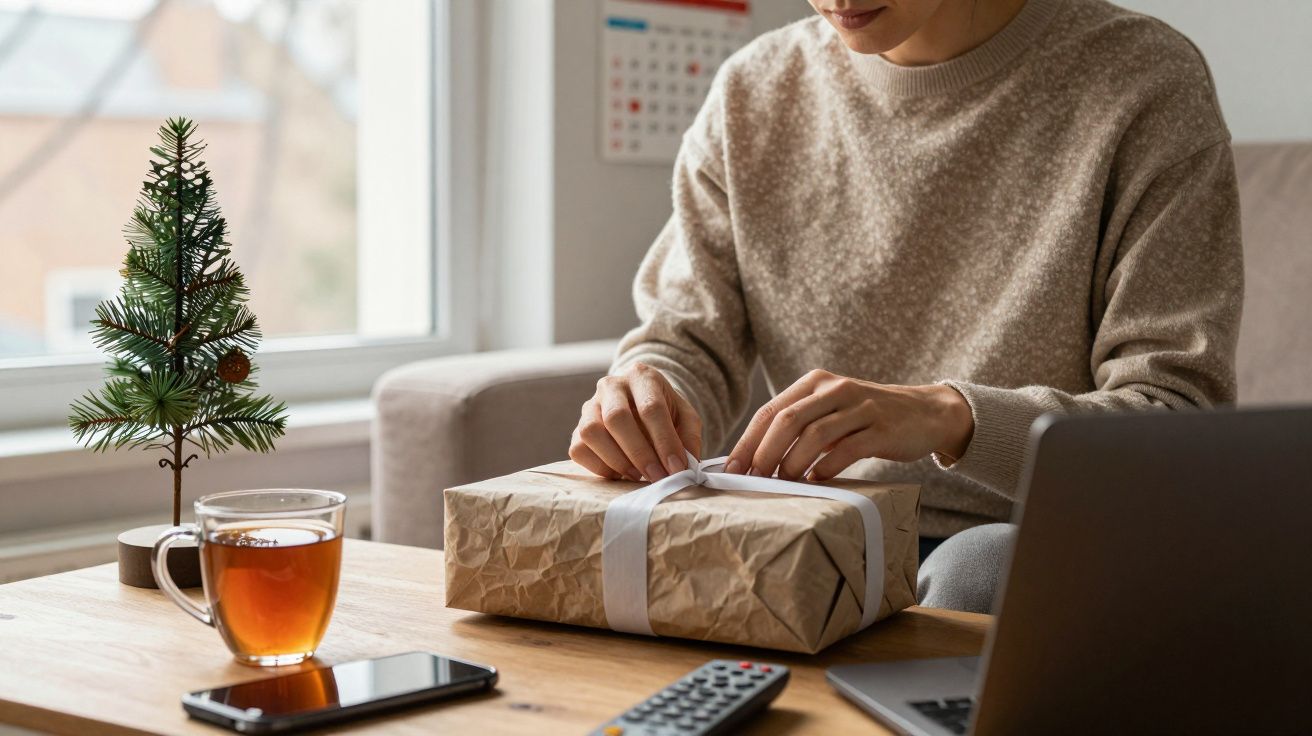 Persona envolviendo un regalo en una sala de estar con un árbol pequeño, taza de té, portátil y mandos sobre la mesa.