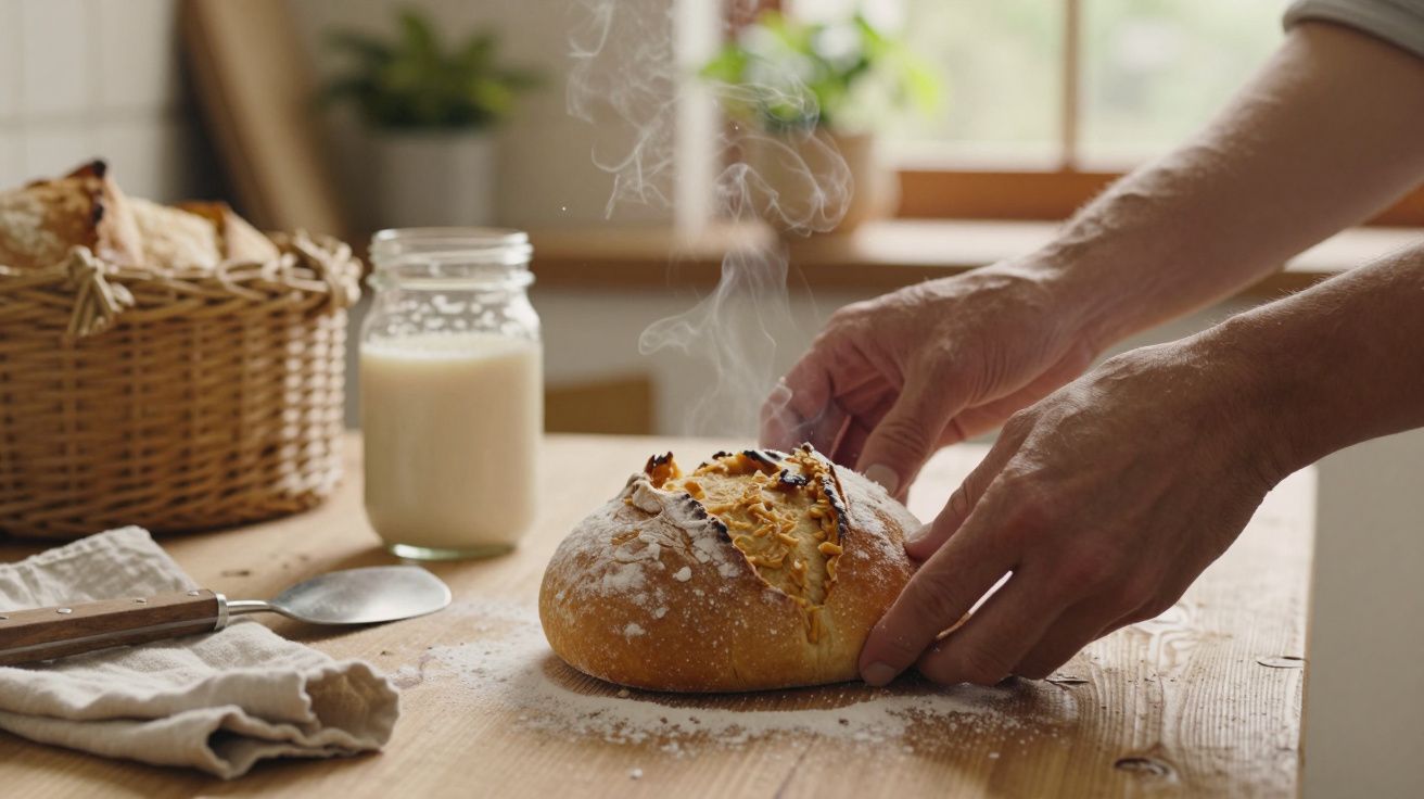 Manos tocando pan recién horneado con harina sobre mesa de madera. Fondo con tarro de cristal y una cesta.