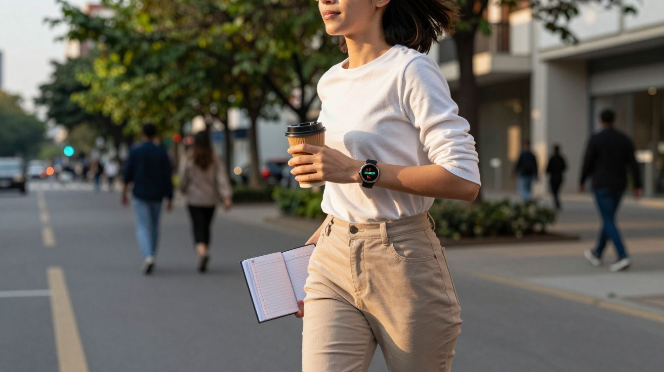 Mujer caminando por la calle, lleva café y libreta en la mano, luce un reloj inteligente y viste camiseta blanca y pantalones