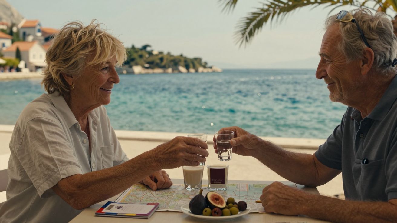 Pareja mayor brindando junto al mar, con mapas y platos de fruta sobre la mesa.