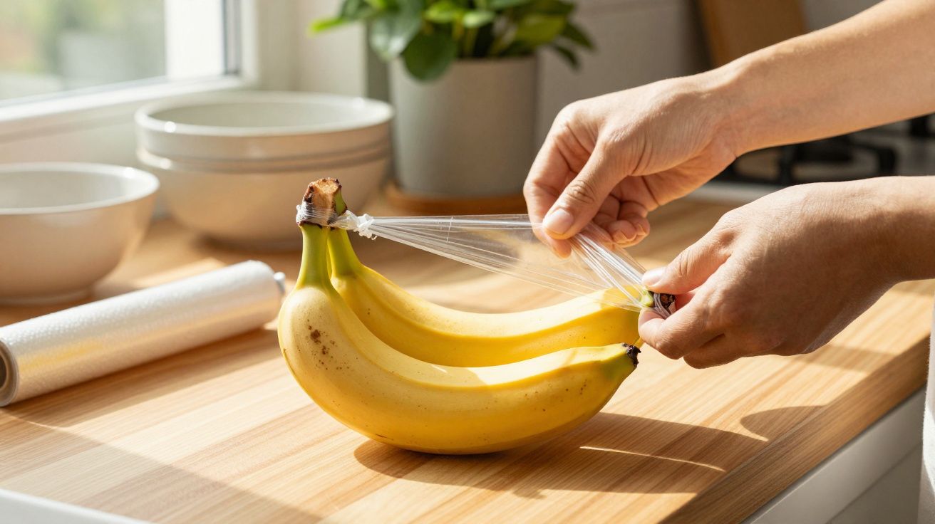 Manos cubriendo plátanos con film transparente sobre una encimera de madera en una cocina luminosa.