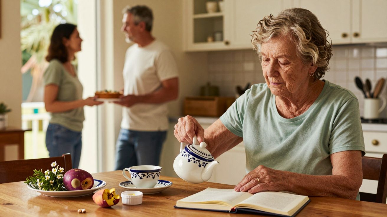 Mujer mayor leyendo y sirviendo té en la cocina, con una pareja conversando al fondo.