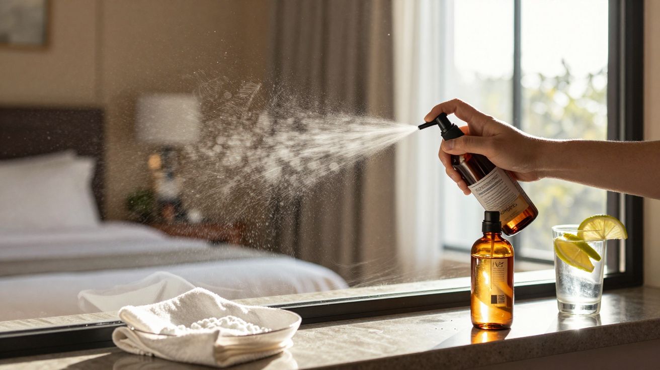 Mano rociando spray en botella marrón sobre mesa con vaso de agua con limón y toallas, fondo de habitación iluminada.