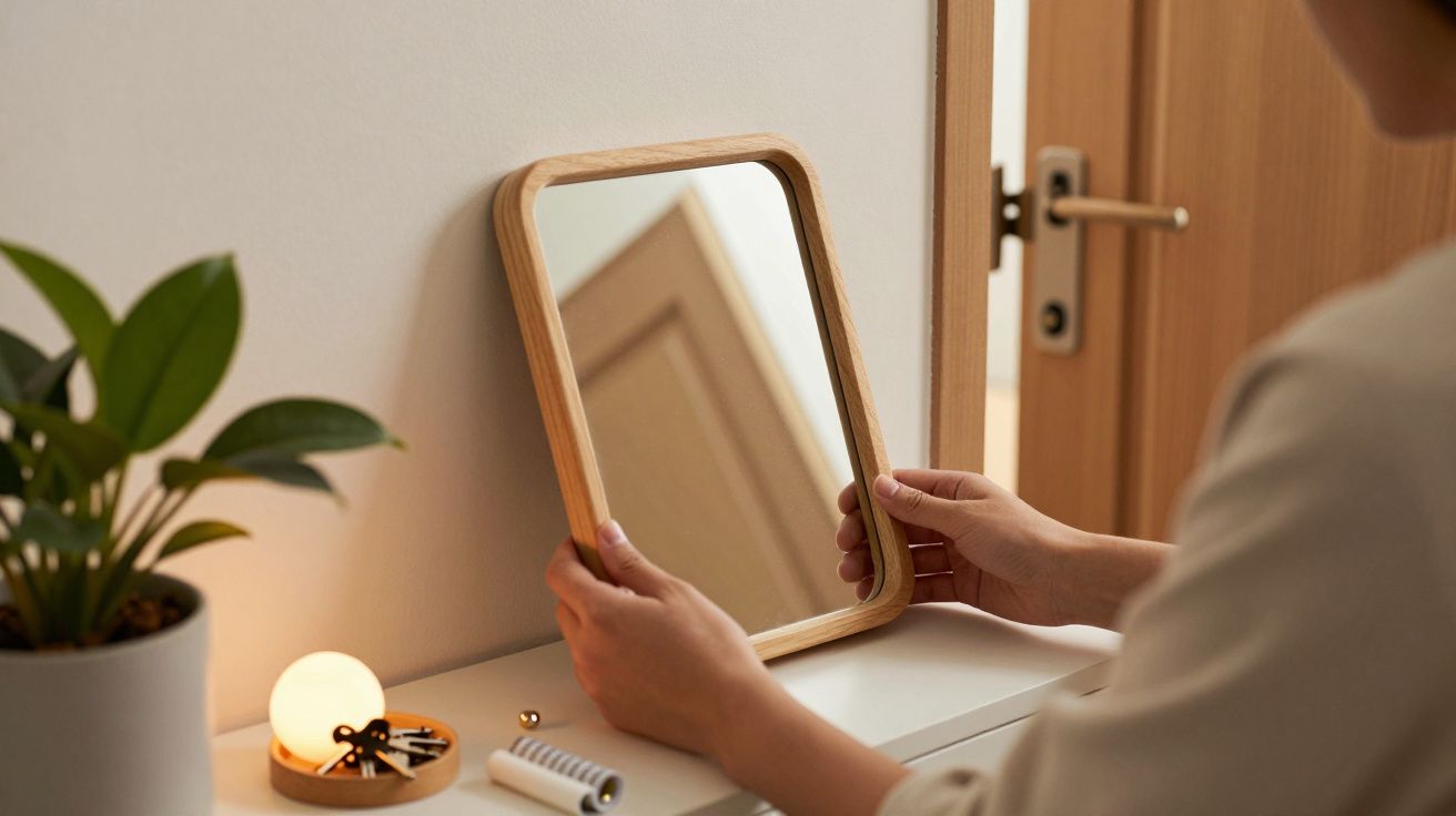 Persona ajustando un espejo de madera en un tocador con planta y lámpara decorativa.