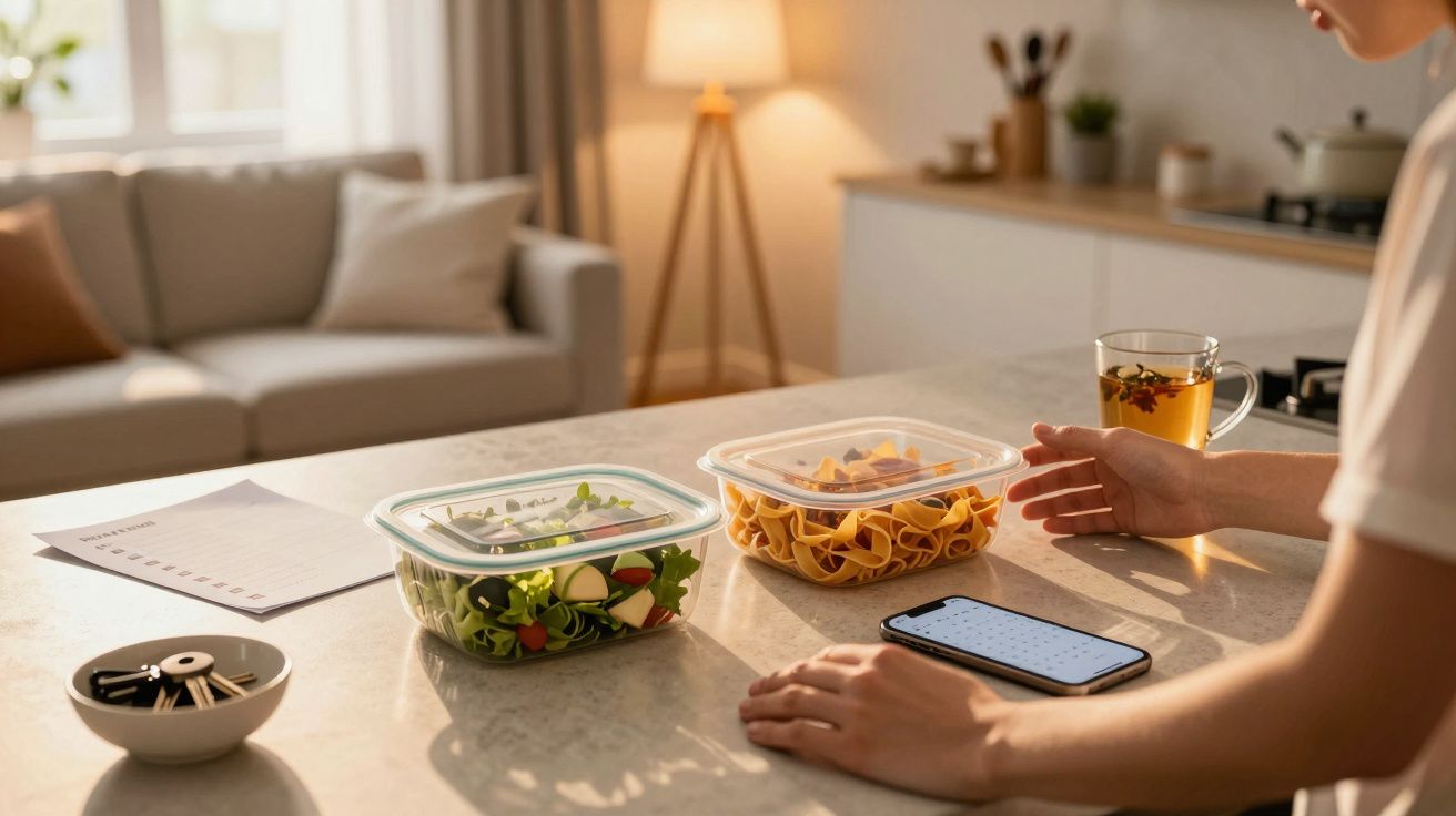 Persona con móvil junto a dos recipientes de comida y una bebida caliente en una cocina iluminada.