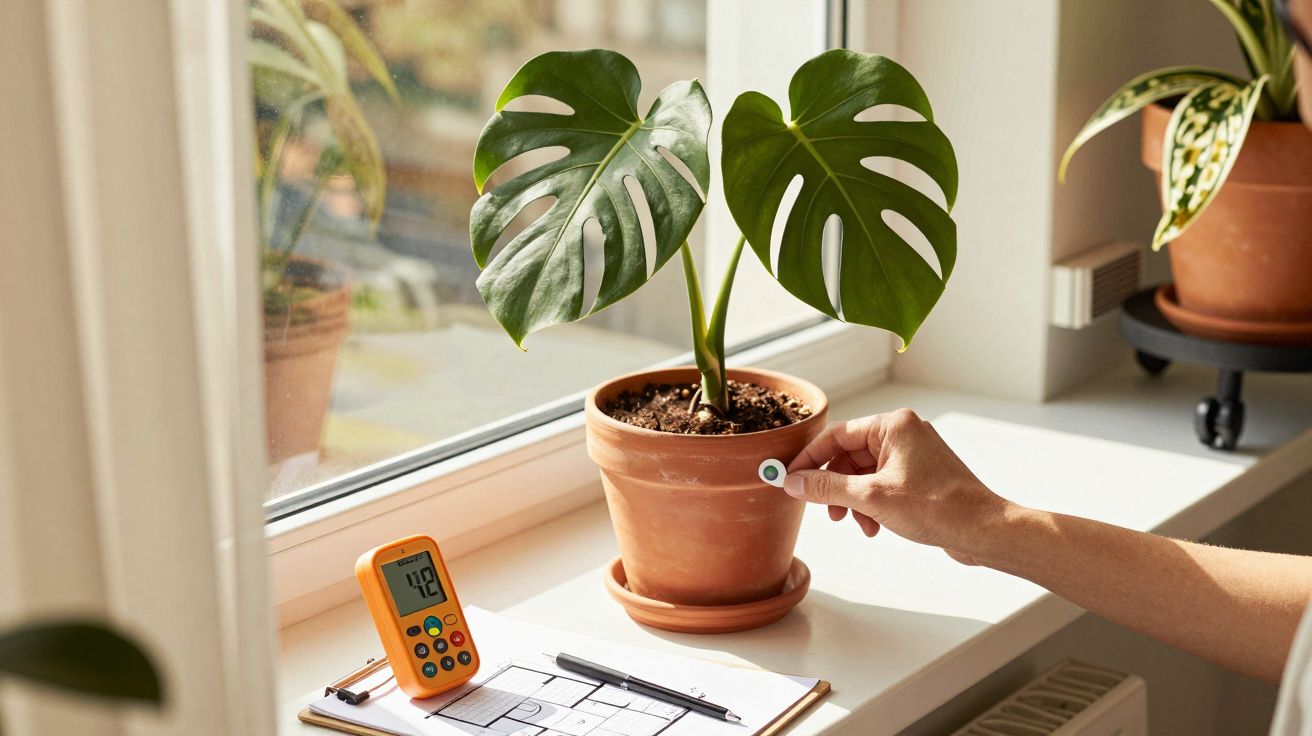 Planta en maceta junto a una ventana, con un medidor digital y una mano ajustando algo en la base de la planta.