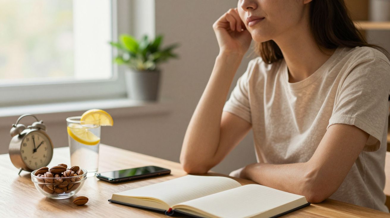 Mujer pensativa en una mesa con cuaderno abierto, vaso de agua con limón y cuenco de almendras junto a un reloj y móvil.