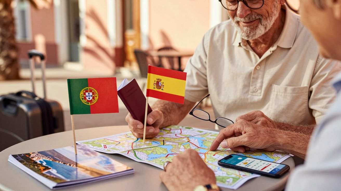 Dos personas consultan un mapa turístico con banderas de Portugal y España en una mesa al aire libre.