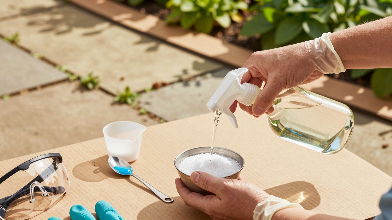 Manos mezclando líquido en un bol, junto a guantes y gafas de protección sobre una mesa en un jardín.