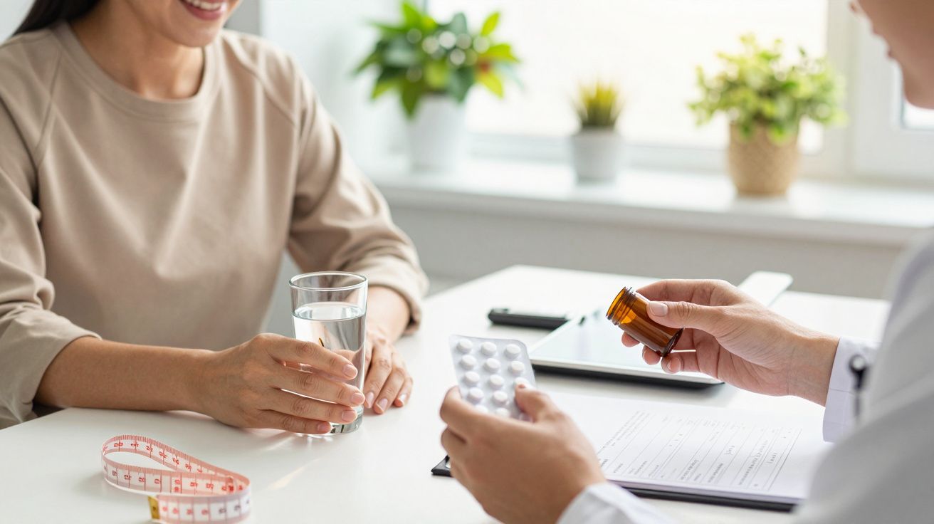 Paciente y médico en consulta, con pastillas, vaso de agua y cinta métrica sobre la mesa, plantas al fondo.