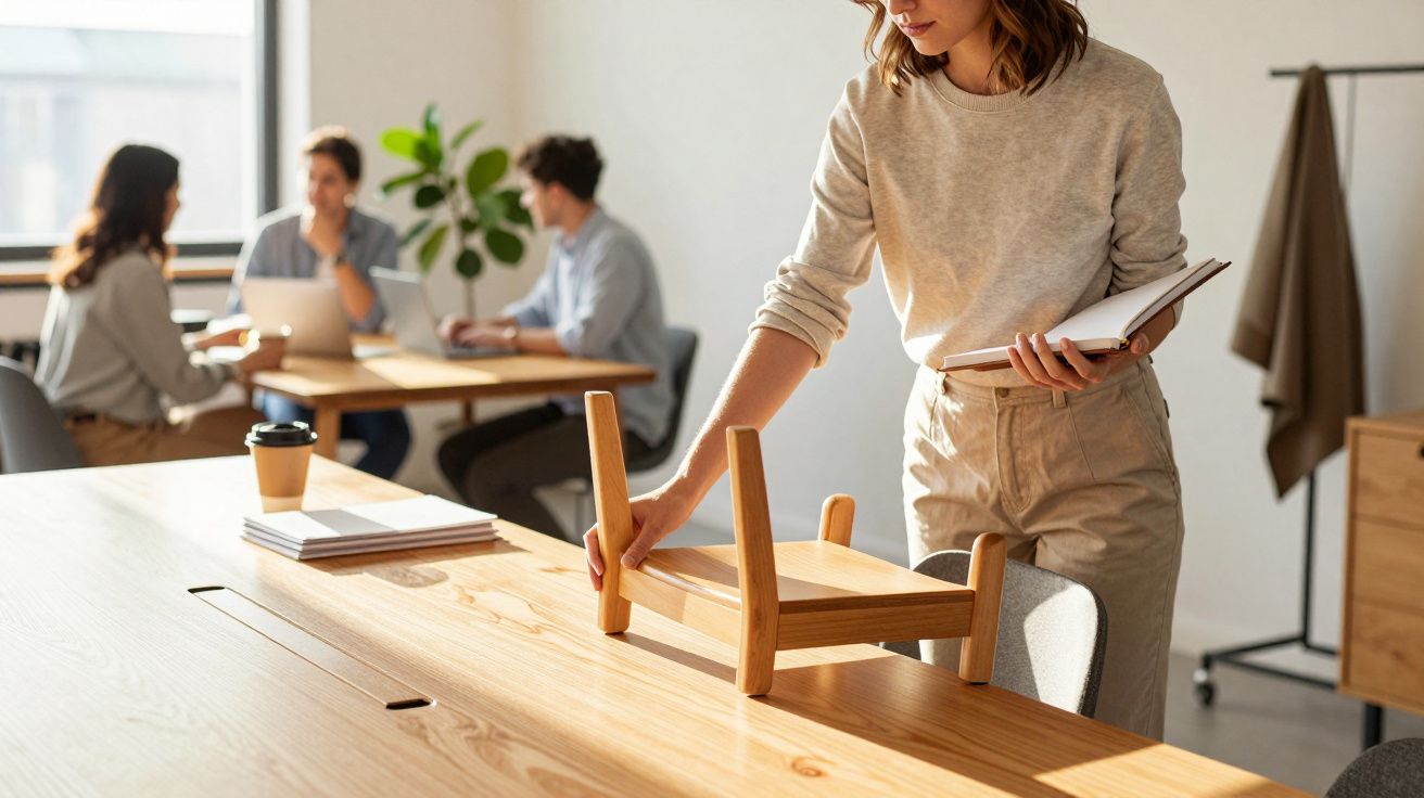 Mujer acomodando sillas en una oficina, mientras tres personas trabajan en segundo plano.