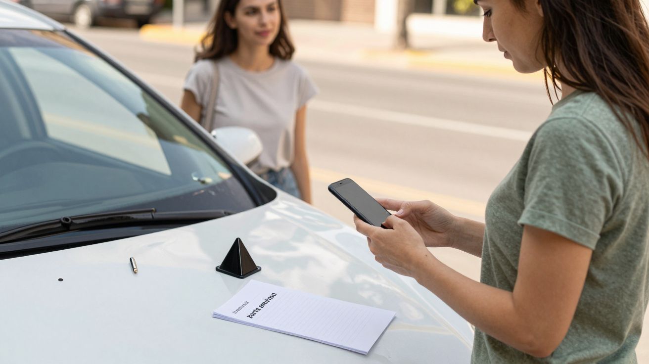 Mujer usando smartphone en capó de coche con libreta y bolígrafo; otra mujer al fondo.