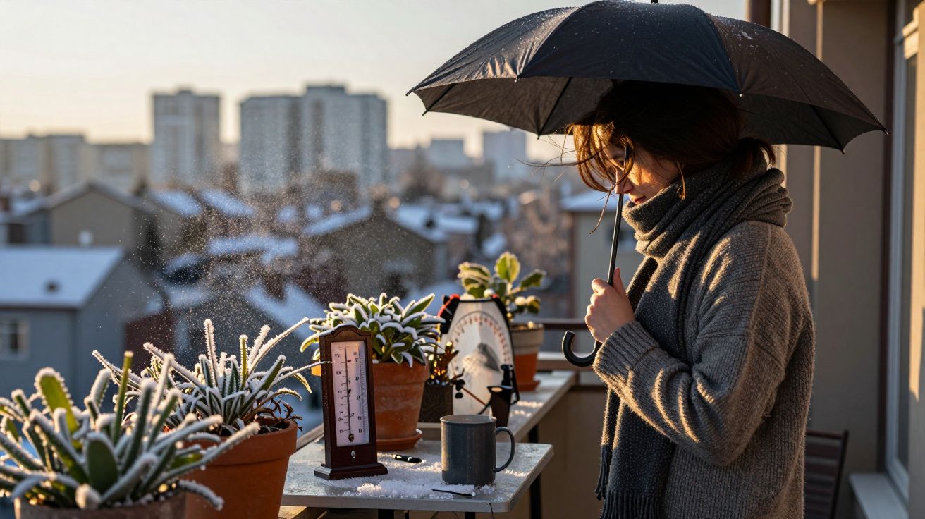 Mujer con paraguas en balcón nevado, observando plantas congeladas con termómetro y taza, edificios al fondo.