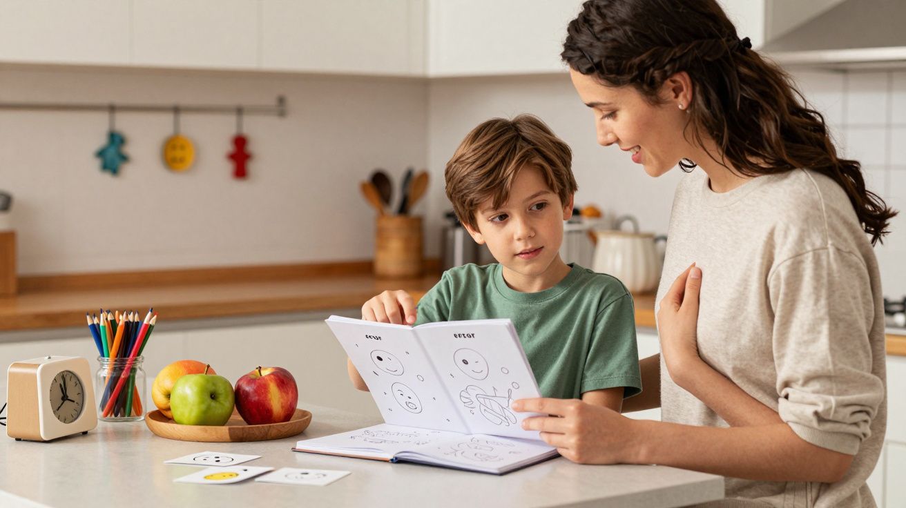 Mujer y niño repasando un libro en la cocina, rodeados de frutas y colores.