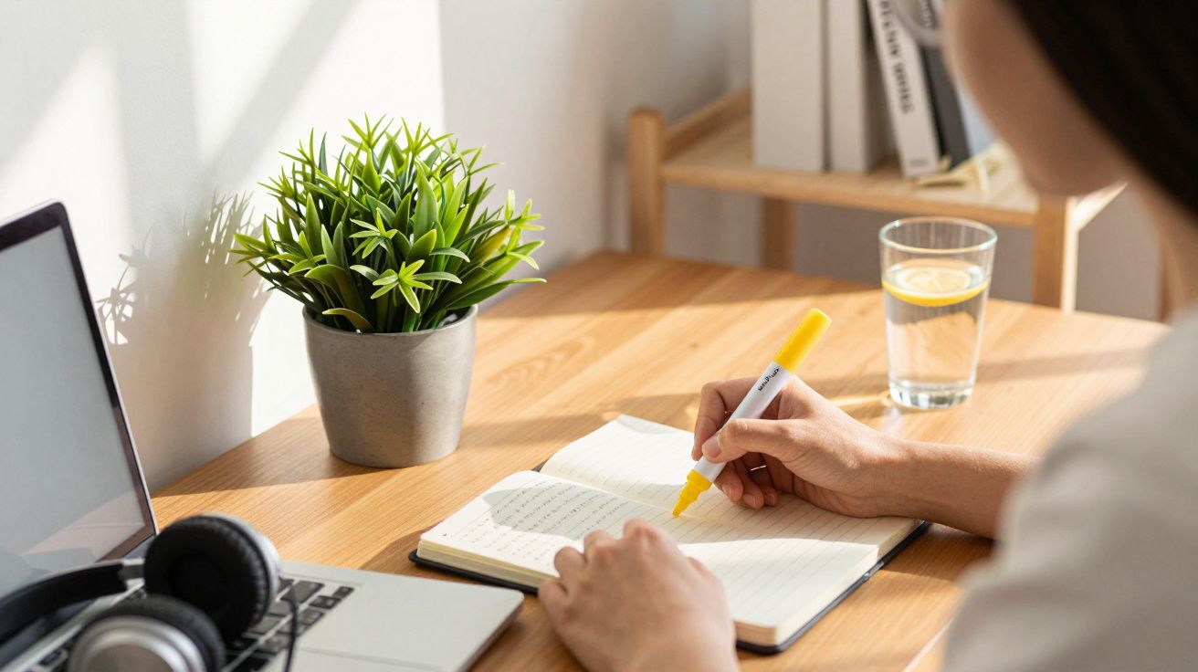 Persona escribiendo en un cuaderno con rotulador amarillo; ordenador portátil y planta en la mesa.