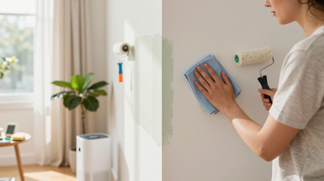 Persona pintando una pared blanca con rodillo y repasando con un paño, planta y purificador en el fondo.