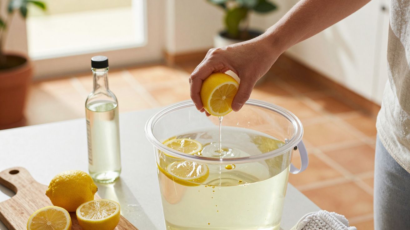 Persona exprimiendo un limón en un cubo de agua, con limones cortados y una botella cercana en una cocina iluminada.