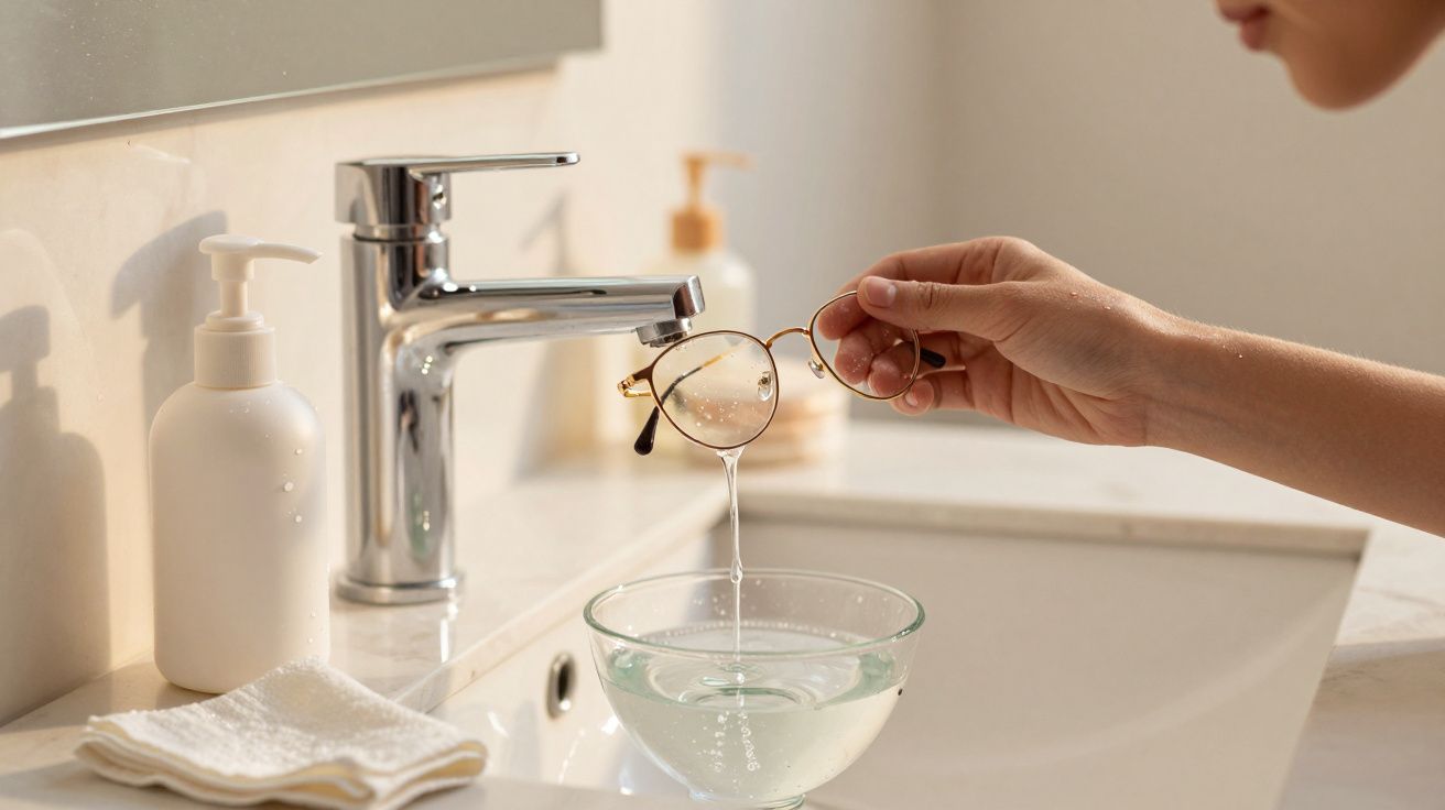 Mano limpiando gafas debajo de un grifo en un lavabo, junto a objetos de baño.