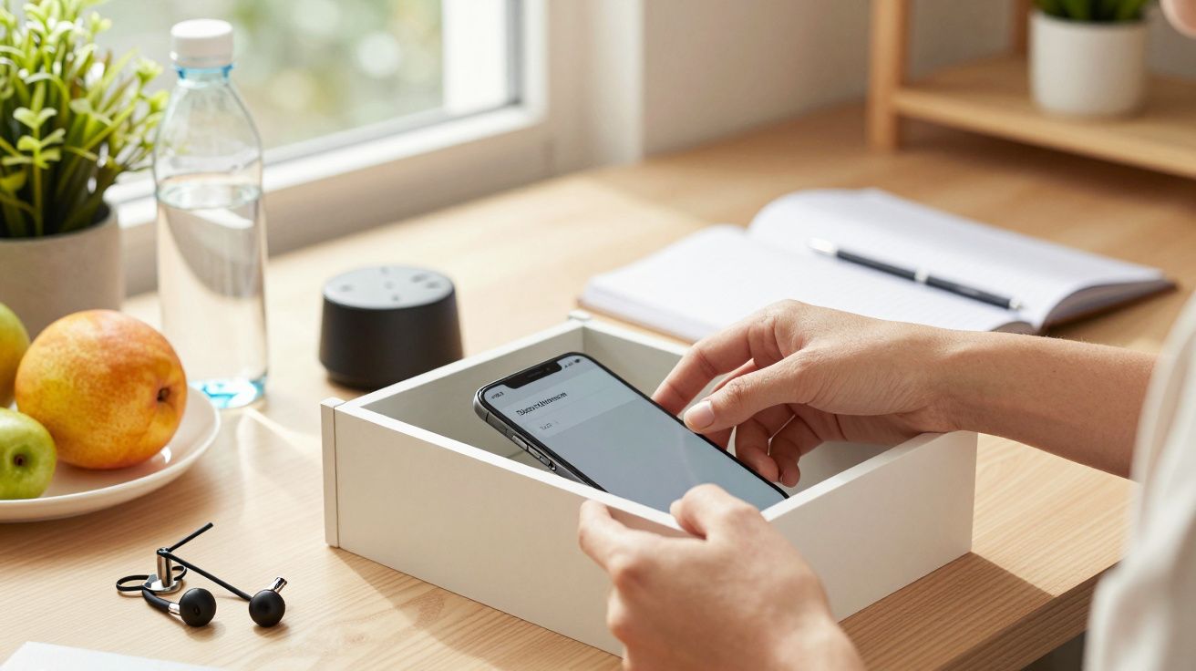 Persona configurando un teléfono en una caja sobre un escritorio, con auriculares, fruta, agua y una libreta cercanos.