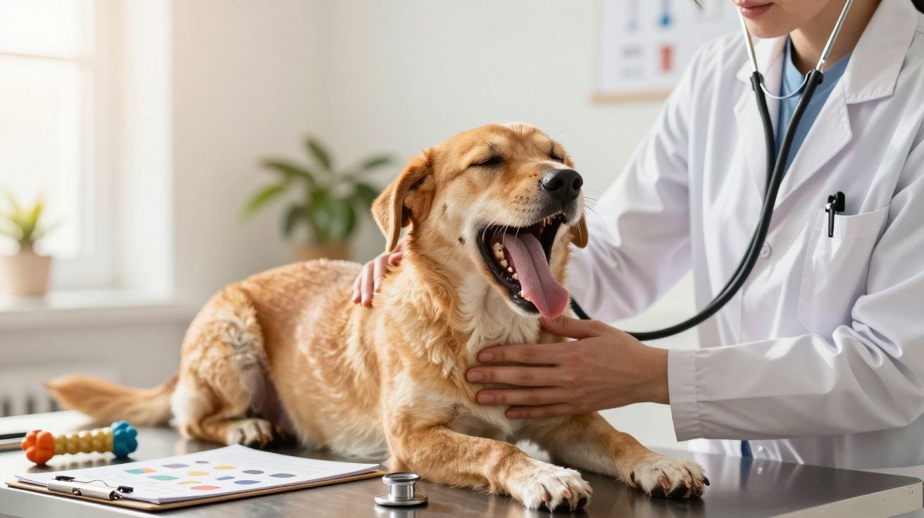 Veterinario examinando a un perro grande y marrón que bosteza sobre la mesa en una clínica iluminada y acogedora.