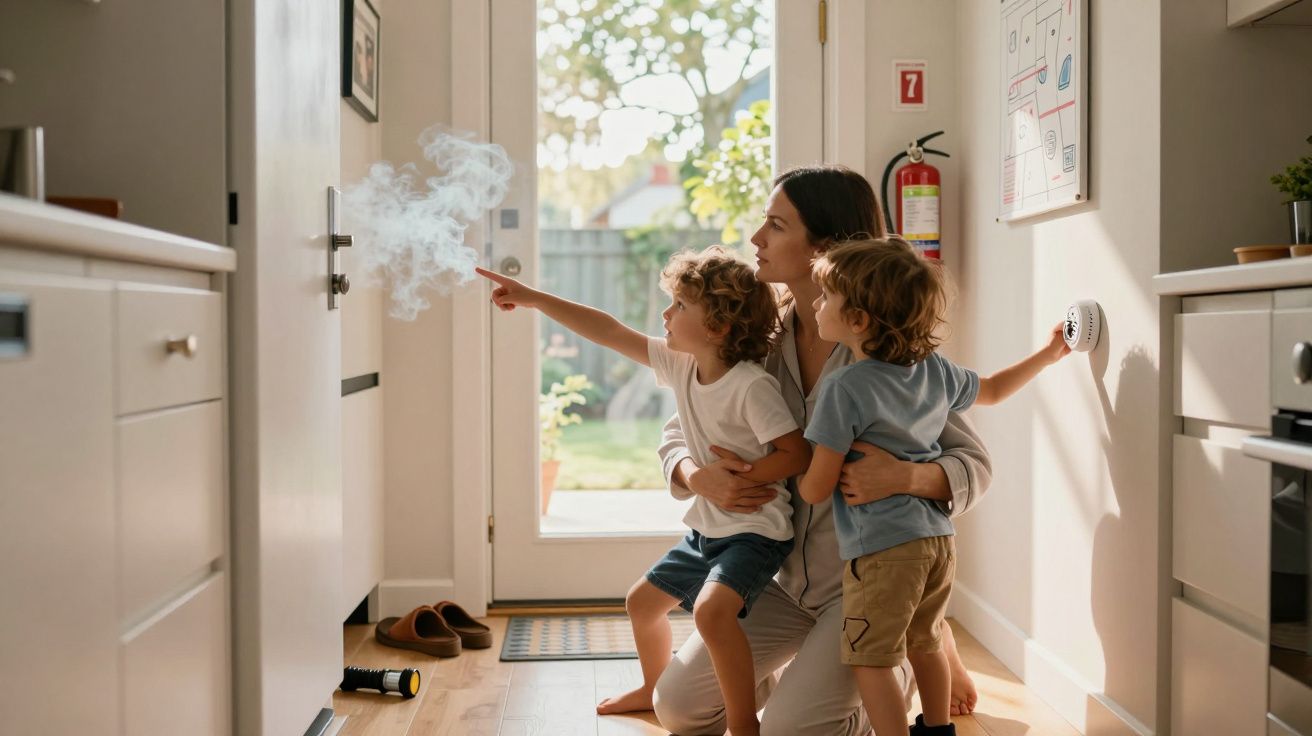 Madre e hijos señalando humo cerca de la puerta en una cocina, con extintor y detector de humo en la pared.