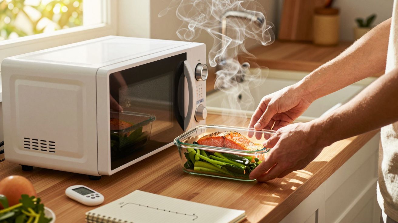 Persona sacando un recipiente con salmón y espárragos del microondas en una cocina iluminada por el sol.