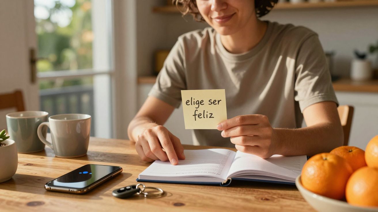 Persona sosteniendo una nota que dice "elige ser feliz" en una mesa con café, móvil, llaves y naranjas.