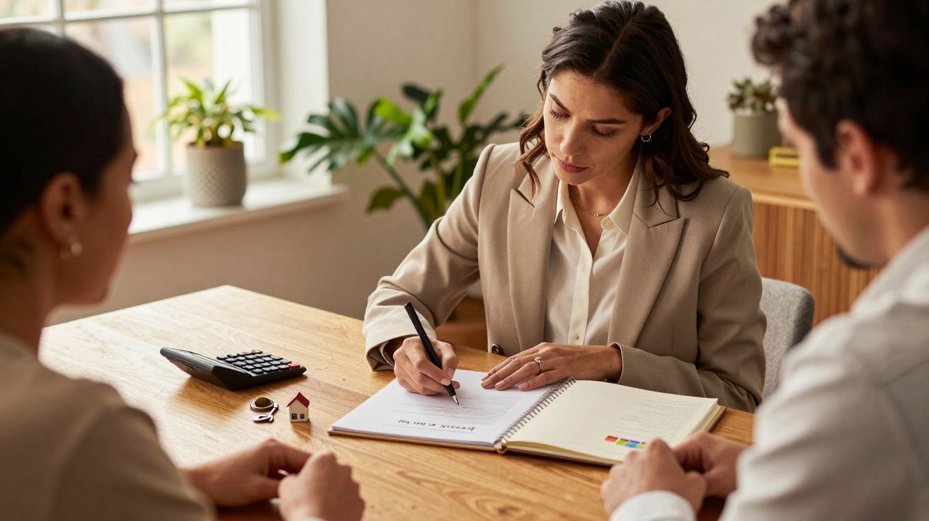 Mujer en oficina escribe en cuaderno mientras habla con dos personas sentadas frente a ella, hay una calculadora y una planta