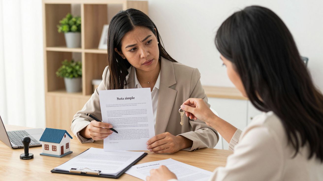 Dos mujeres en una oficina, una sostiene un contrato y la otra entrega una llave.