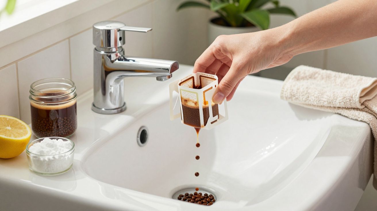 Mano vaciando café en un fregadero, con frasco de café y limón cerca. Grifo metálico y toalla beige al fondo.