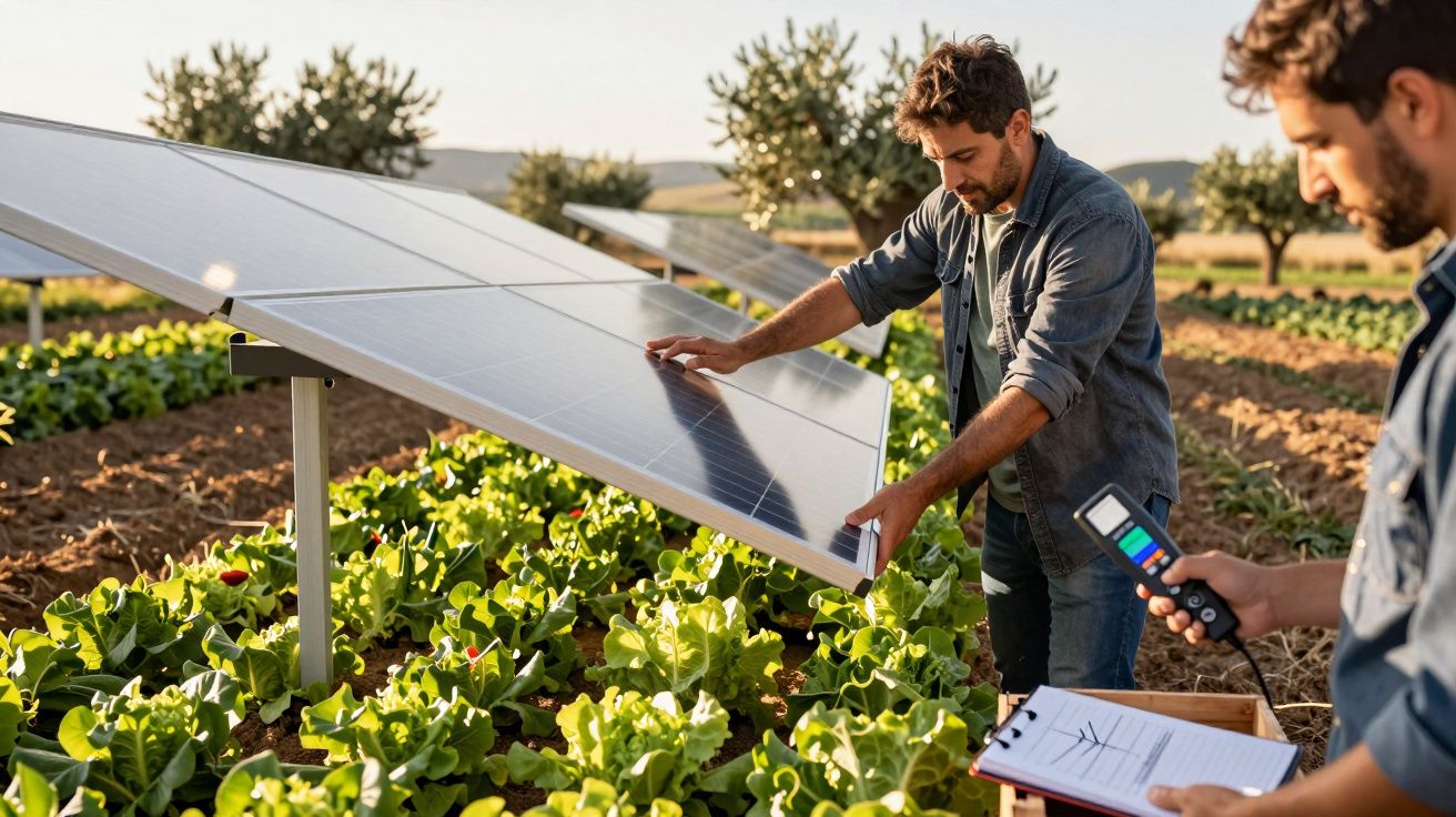 Dos hombres inspeccionan paneles solares en un campo de cultivo con plantas verdes.